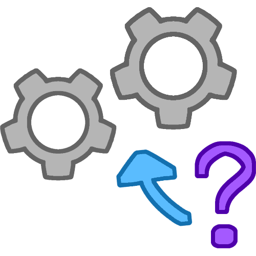 A purple question mark with a blue arrow pointing up at two gray gears